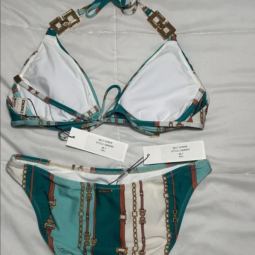 L'AGENCE Annabelle Triangle Bikini Top and Nicole bikini bottom in belt stripe
